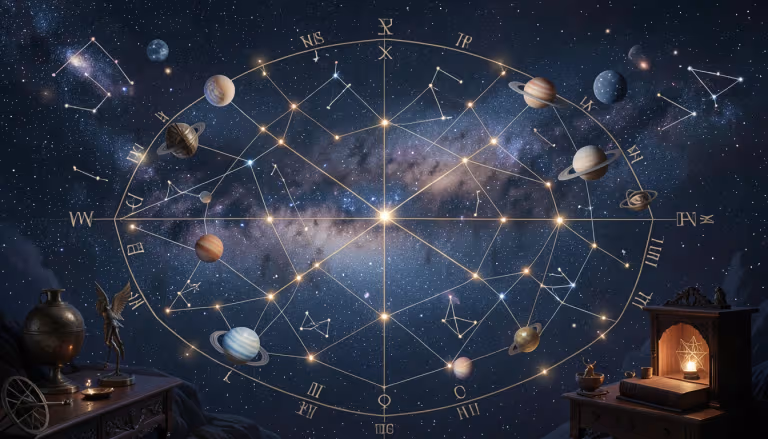 Celestial map with interconnected lines between planets, zodiac symbols, and house cusps against deep space