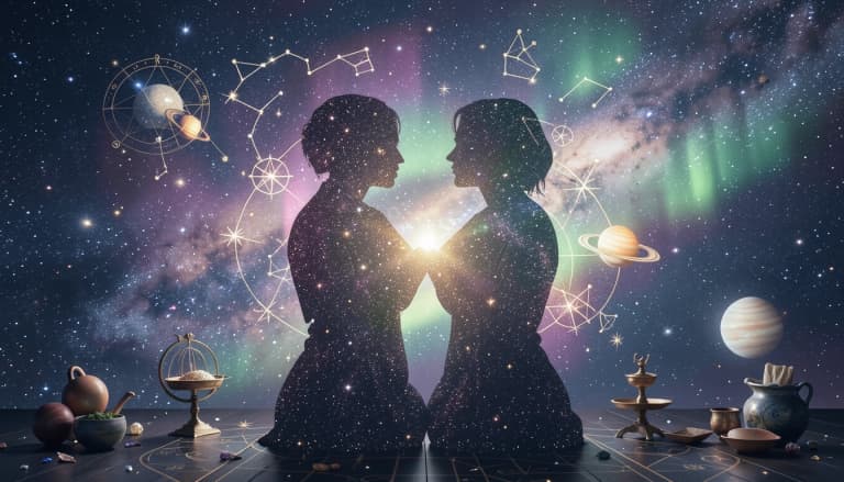 Two stardust silhouettes intertwined with floating planetary symbols against a cosmic background