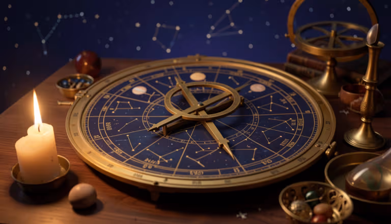 Astrology birth chart wheel with brass astrolabe under candlelight