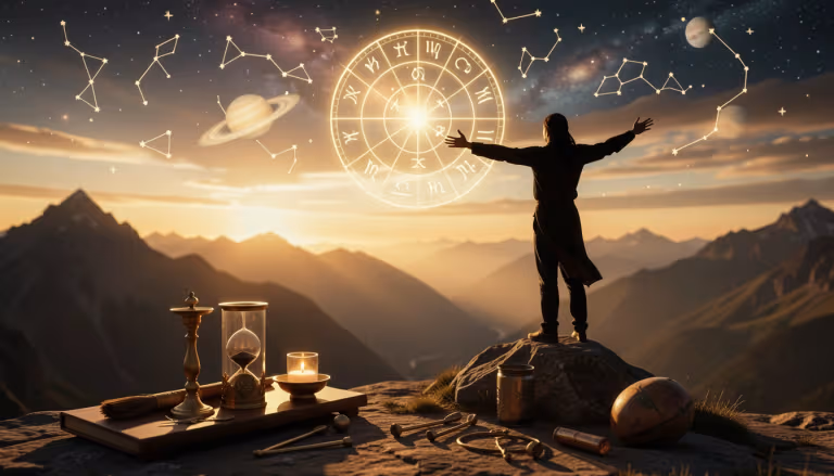 Sunrise over mountain with zodiac wheel and silhouette of leader