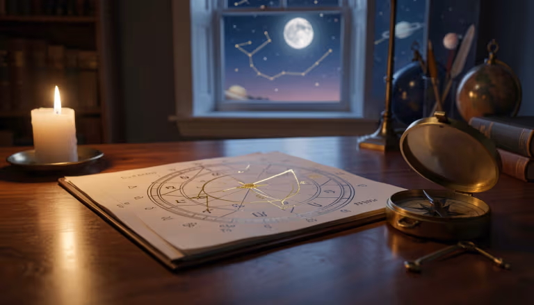 An open birth chart on a wooden desk with a brass compass and candle, highlighting the 6th house in gold ink.