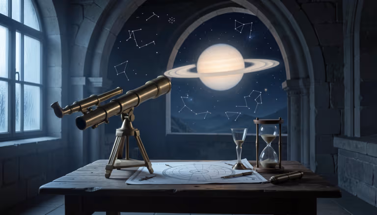 A stone observatory with a brass telescope aimed at Saturn in the night sky, with star charts and an hourglass on a wooden table.