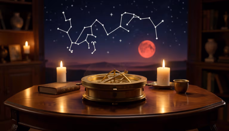 Astrolabe on table with Leo and Aries constellations and Mars symbol in night sky