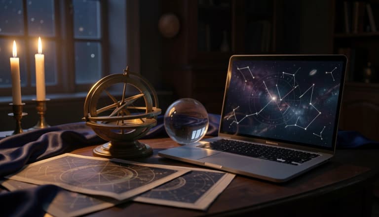 Brass astrolabe and crystal sphere beside a laptop in a candlelit observatory at night