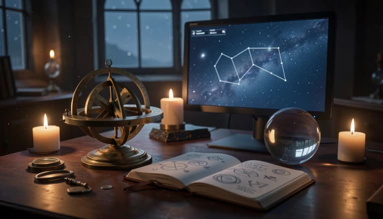 Brass astrolabe and crystal sphere beside a glowing screen in a candlelit observatory