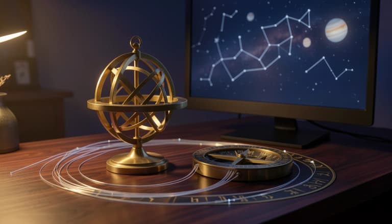 Brass astronomical instruments beside a softly lit screen with constellation lines