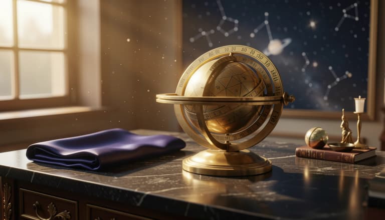 Brass astronomical instrument on a dark stone desk with indigo silk and starlight through a window