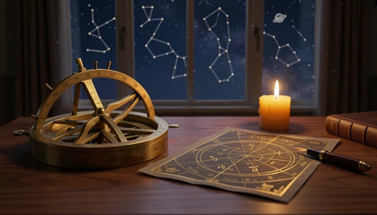 Brass astrolabe and hand-drawn natal chart on a candlelit table