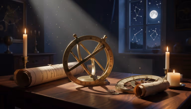 Brass astrolabe and zodiac parchment illuminated by candlelight and moonlight