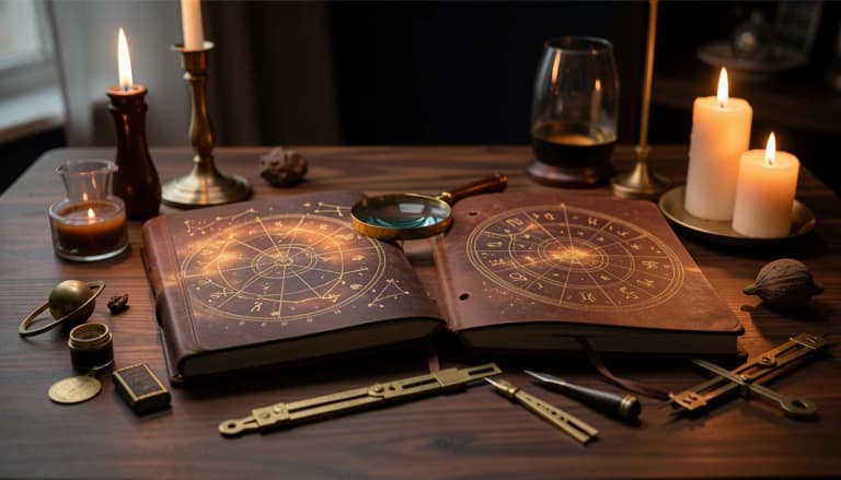 Two ephemeris books and brass astronomical tools on a candlelit table