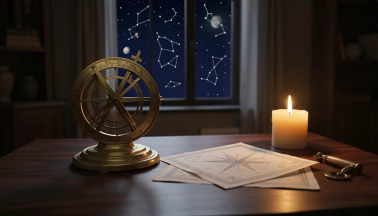 Brass astrolabe and natal chart on a candlelit desk beneath a night sky