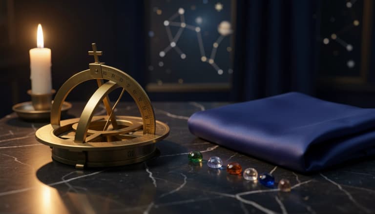 Brass astrolabe and seven gemstones arranged on polished stone in candlelight