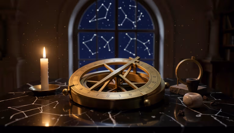 Brass astrolabe with engraved degree markings on a dark stone table lit by candlelight