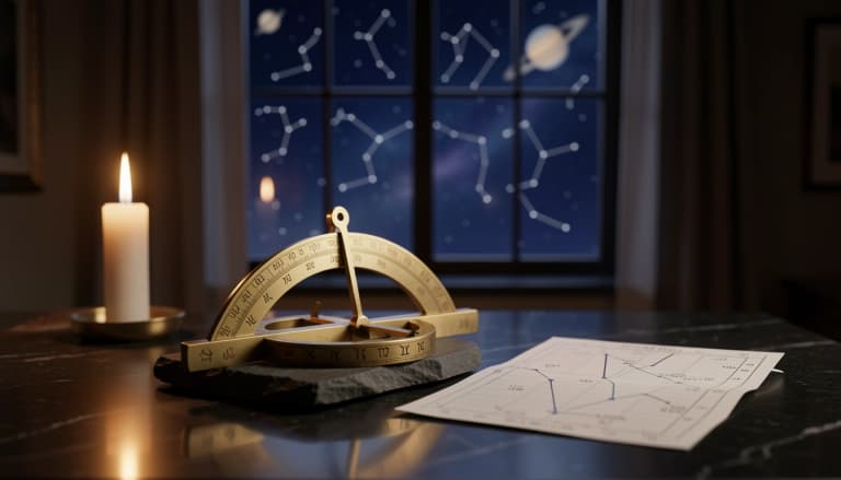 Brass astrological instrument and marked natal chart on polished stone in candlelight