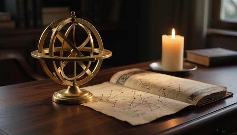 Brass armillary sphere and open ephemeris on a candlelit desk