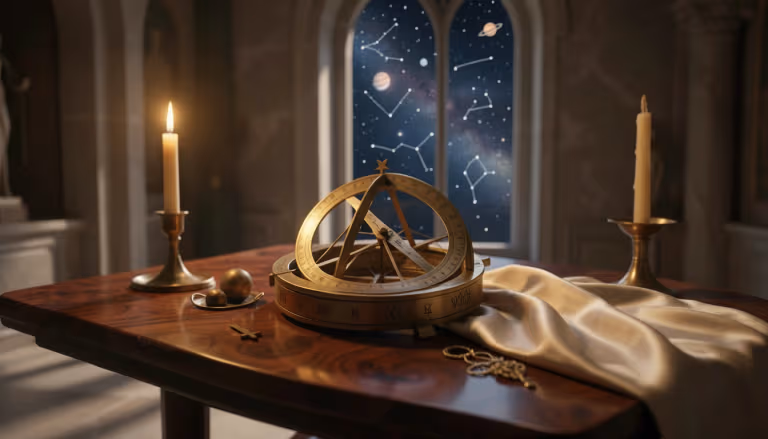 Brass astrolabe on a wooden table with a night sky through an arched window