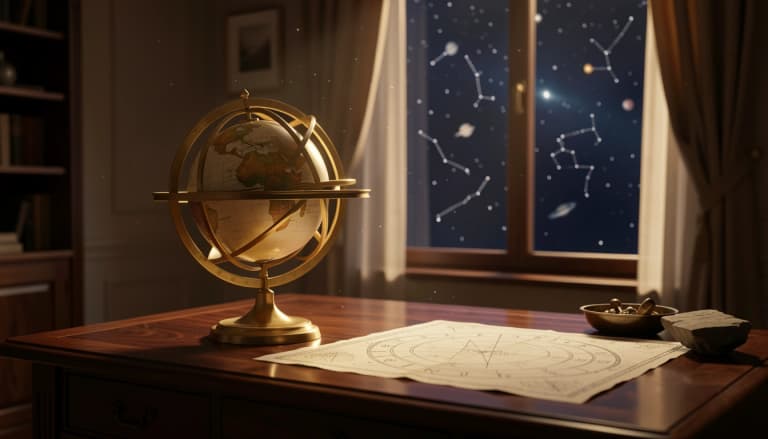 Brass armillary sphere and celestial globe beside a star chart in warm window light