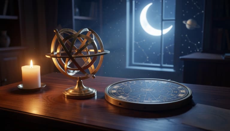 Brass armillary sphere and engraved natal chart wheel on a dark desk lit by candlelight and moonlight