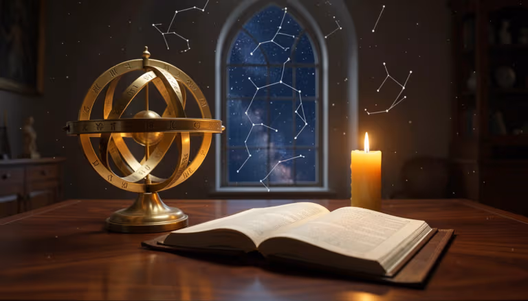 Brass armillary sphere and open ephemeris on a candlelit table beneath a night sky
