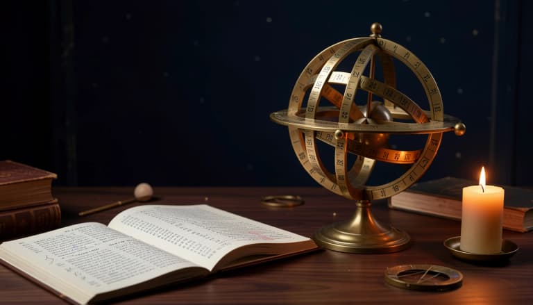 Brass armillary sphere and open ephemeris on a candlelit desk