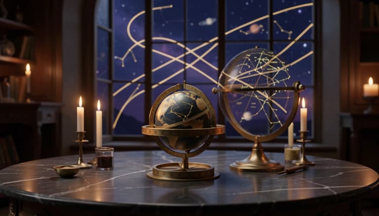 Brass meridian ring and celestial globe on polished stone beneath a night sky