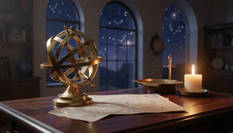 Brass armillary sphere and astrolabe on a dark table beside a star chart under candlelight