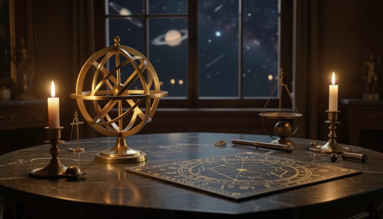 Brass astronomical instruments and cusp charts on a stone table under night sky light