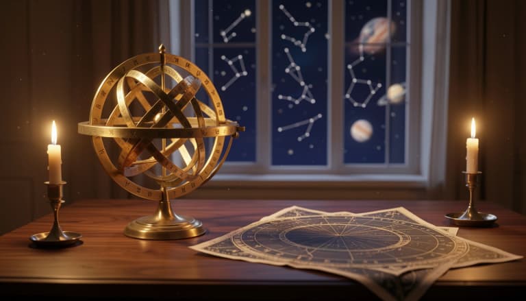 Brass astronomical instruments and a star chart on a candlelit table beneath a night sky