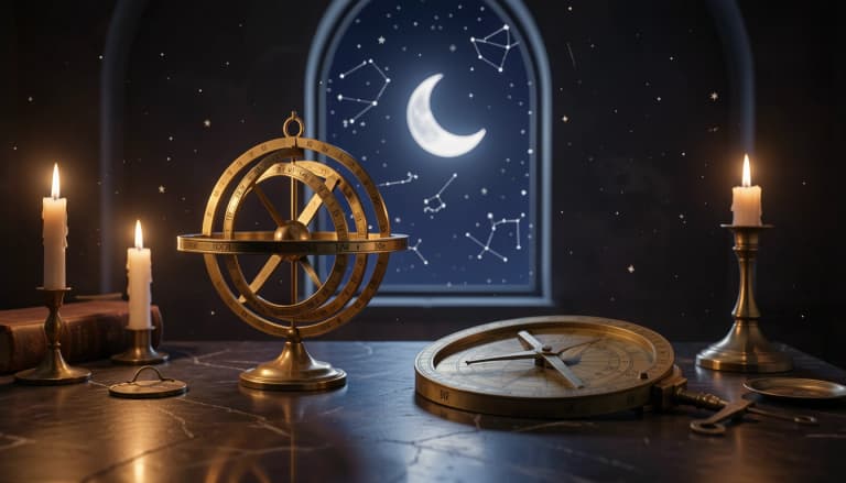 Brass armillary sphere and astrolabe on a stone table beneath a crescent moon