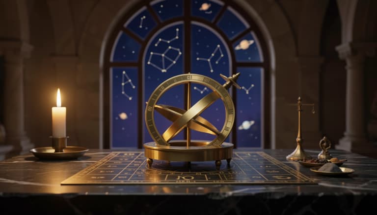 Brass astrolabe and Vedic chart on polished stone in candlelight