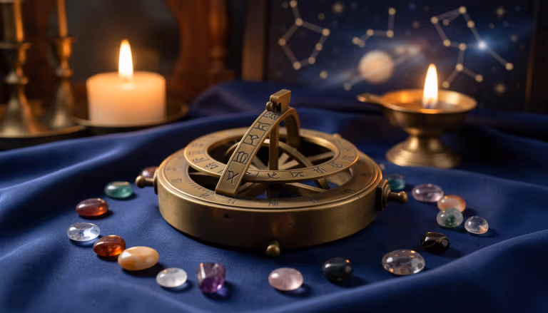 Antique brass astrolabe on indigo silk with gemstones and candlelight