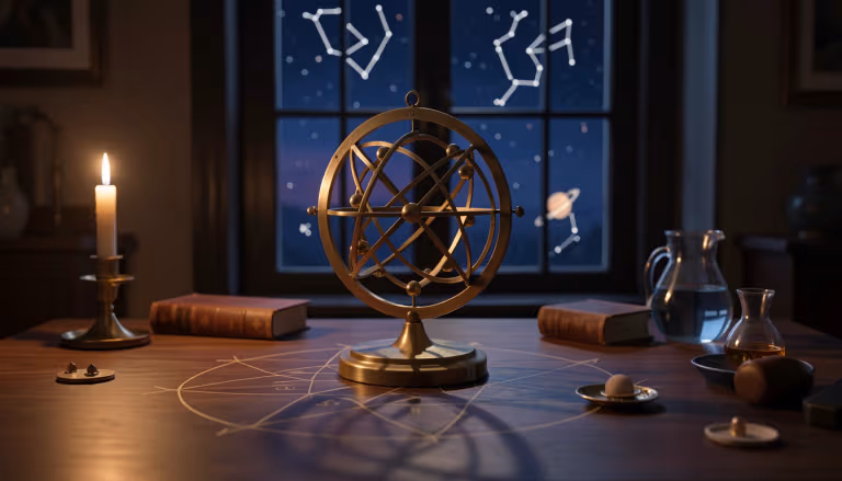 Brass orrery with interlocking planetary rings on a dark wooden desk in candlelight