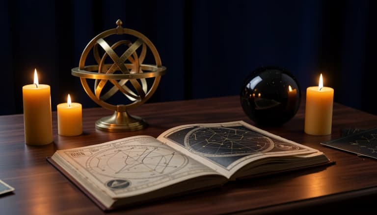 Brass armillary sphere and candlelit star atlas illustrating a stellium of planets
