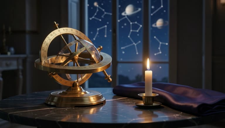 Brass astronomical instrument and candlelight beside a night sky window