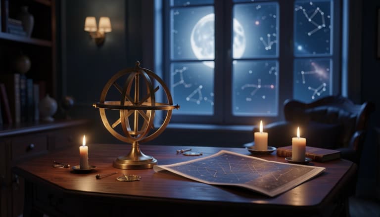 Brass armillary sphere and star chart on a desk lit by candlelight and moonlight