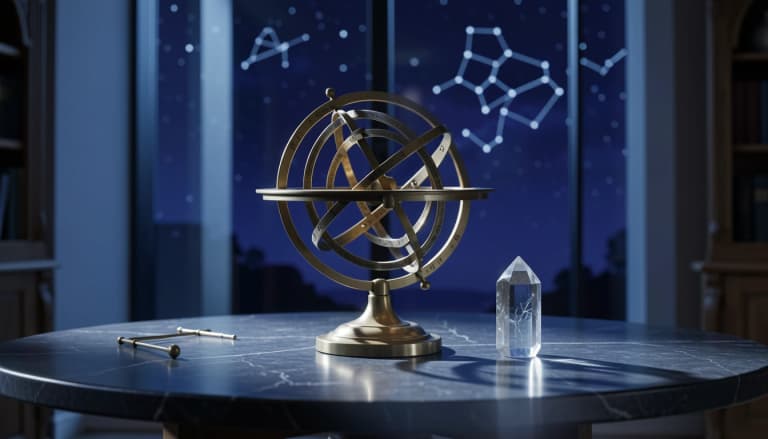Brass armillary sphere and quartz crystal lit by cold light against a night sky