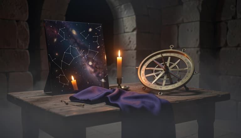 Candlelit stone chamber with an obsidian mirror, indigo silk, and a brass astrolabe in shadow
