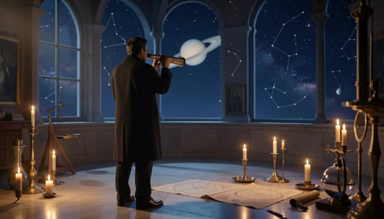 Solitary figure at a brass telescope in a candlelit observatory under a deep indigo night sky