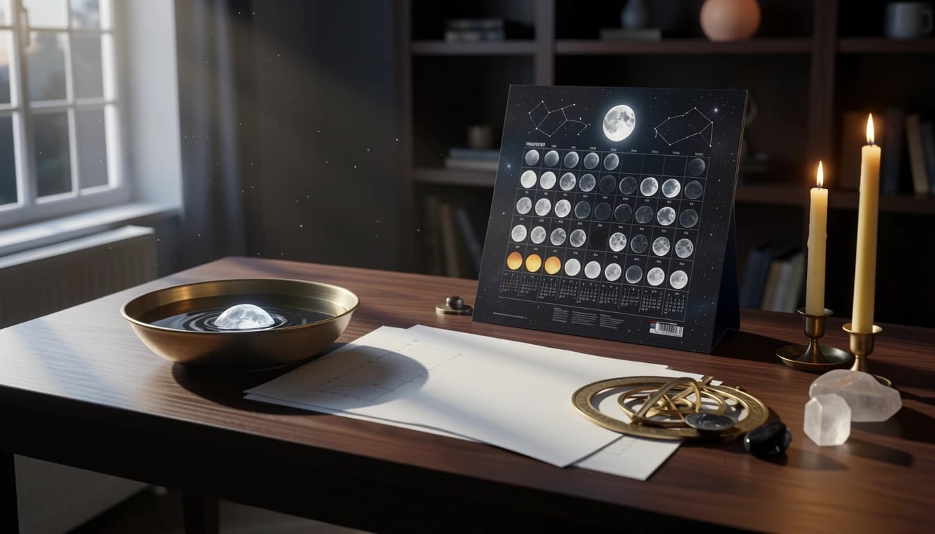 View a monthly moon phase calendar with void-of-course periods and timing guidance. See every phase, plan key moments, and work with the lunar cycle.