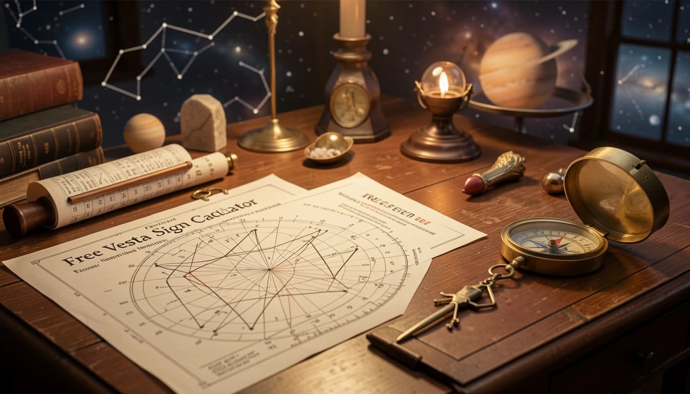 Find your Vesta sign free. See how this asteroid reveals devotion, sacred focus, inner flame and commitment to purpose in your birth chart.