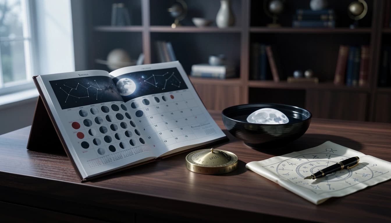 View a monthly moon phase calendar with void-of-course periods and timing guidance for clearer decisions, better timing, and aligned action.